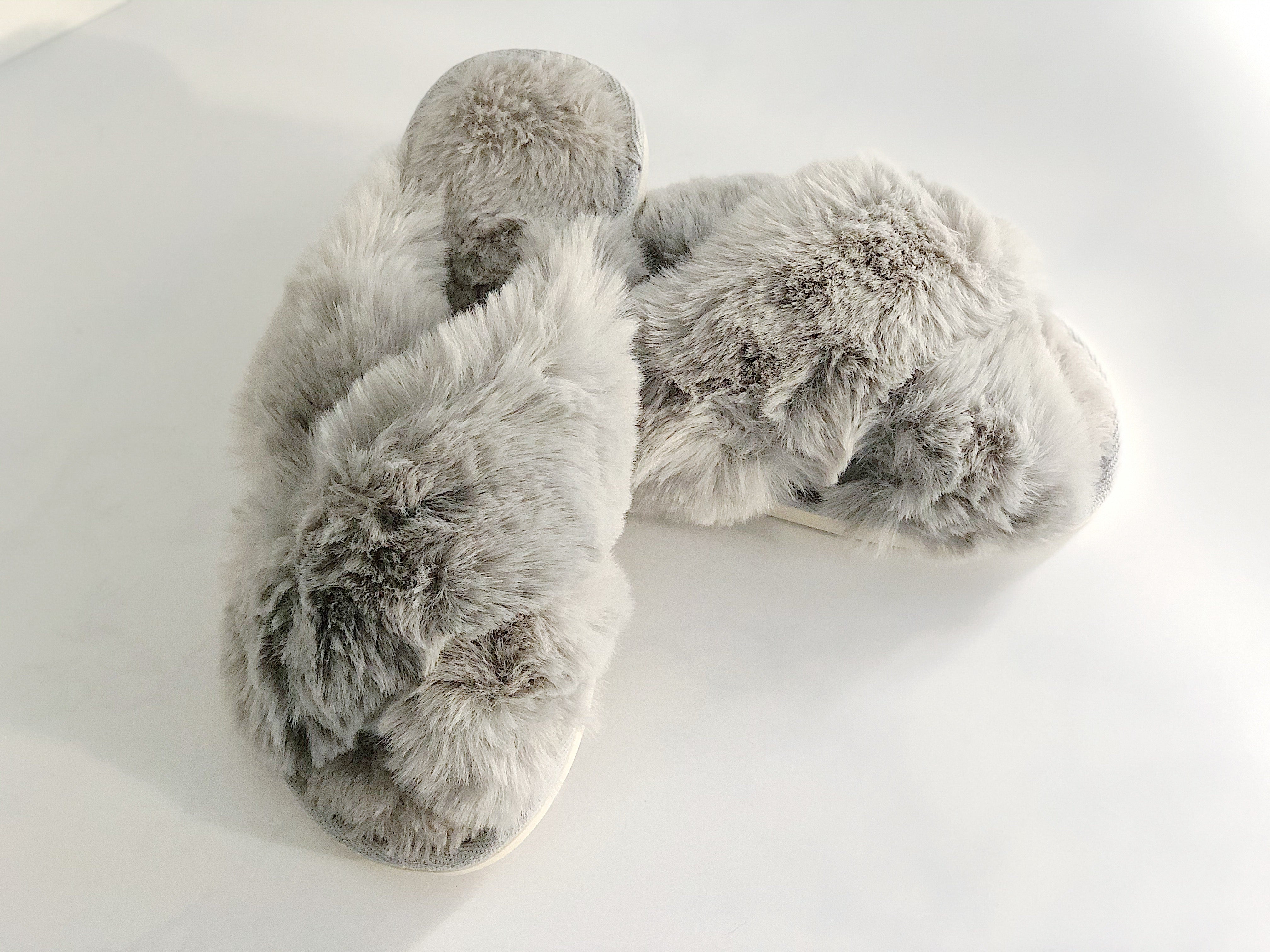 Grey faux sales fur slippers